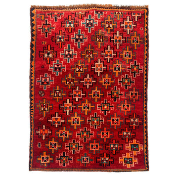 Red Repeating Geometric Vintage Turkish Hand-Knotted Wool Rug