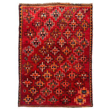 Red Repeating Geometric Vintage Turkish Hand-Knotted Wool Rug