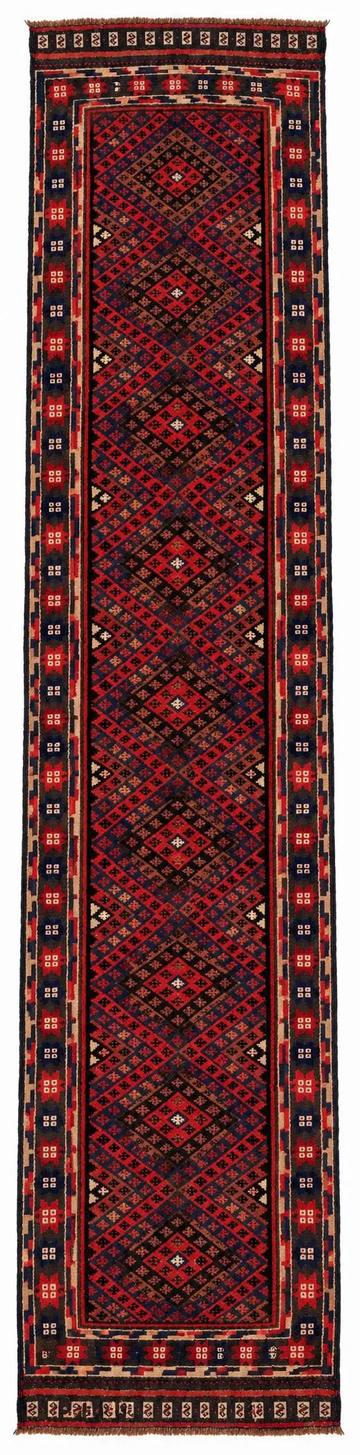 2x10 Red Geometric Diamond Medallion Vintage Mishwani Hand-Knotted Afghan Wool Runner