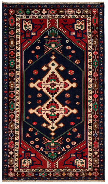 4x7 Navy Double Medallion Vintage Turkish Hand-Knotted Wool Rug