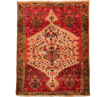 Red Floral Bird Medallion Vintage Turkish Hand-Knotted Wool Rug