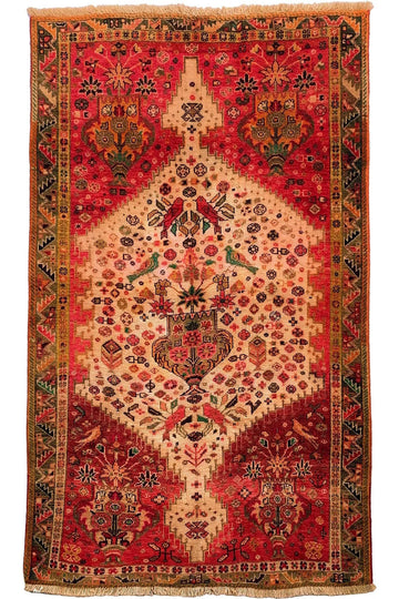 4x5 Red Floral Bird Medallion Vintage Turkish Hand-Knotted Wool Rug