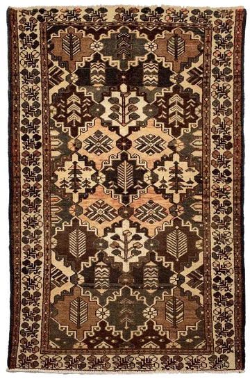4x6 Brown Tree of Life Geometric Vintage Turkish Hand-Knotted Wool Rug