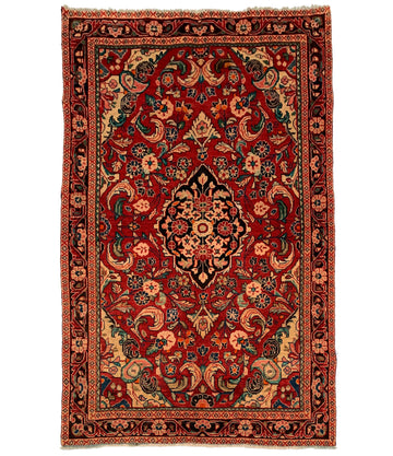 Red Floral Vintage Turkish Hand-Knotted Wool Rug