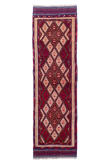 Red Diamond Medallion Vintage Afghan Mishwani Hand-Knotted Wool Runner Rug