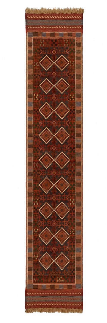 Rust Red Diamond Medallion Vintage Afghan Mishwani Hand-Knotted Wool Runner Rug