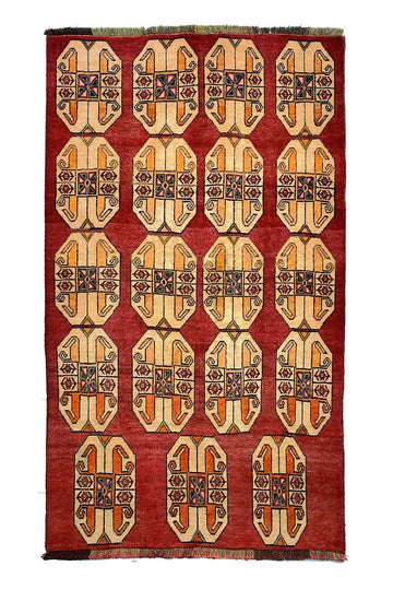 Red Repeating Horn Motif Vintage Turkish Hand-Knotted Wool Rug