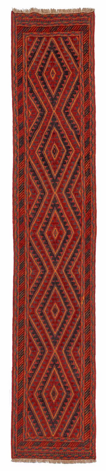 3x13 Rust Red Nested Diamond Medallion Vintage Mishwani Hand-Knotted Afghan Wool Runner