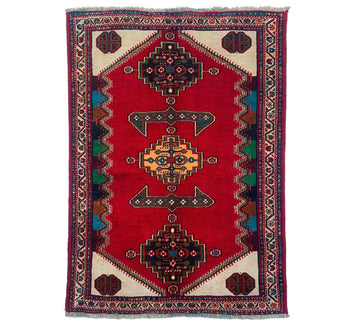 Red Triple Medallion Vintage Turkish Hand-Knotted Wool Rug