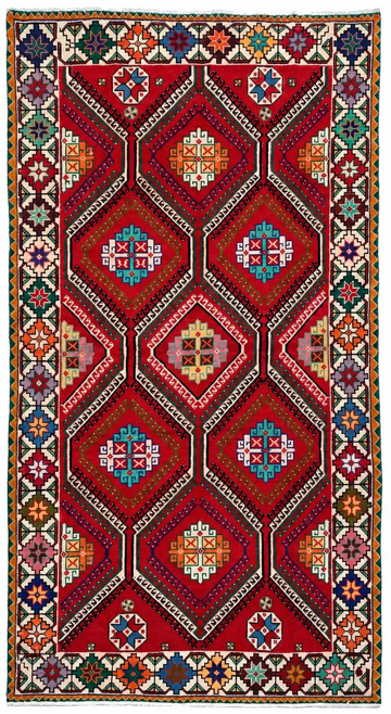 6x10 Red Geometric Medallion Vintage Turkish Hand-Knotted Wool Rug