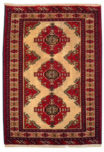 3x4 Beige Triple Medallion Vintage Baluch Hand-Knotted Wool Rug