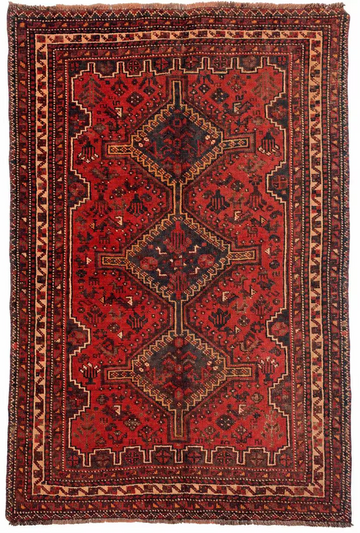 4x6 Red Triple Medallion Vintage Turkish Hand-Knotted Wool Rug
