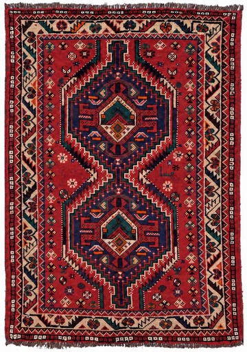 4x5 Red Double Medallion Vintage Turkish Hand-Knotted Wool Rug