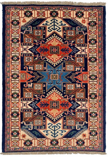 3x4 Navy Blue Geometric Tribal Vintage Azerbaijan Shirvan Hand-Knotted Wool Rug – Collector’s Piece