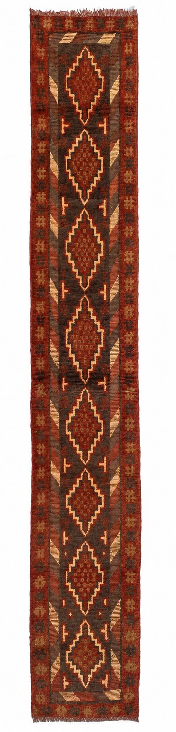 2x11 Rust Red Repeating Diamond Medallion Vintage Mishwani Hand-Knotted Afghan Wool Runner