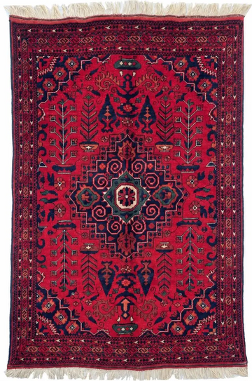 3x5 Red Geometric Floral Chobi Hand-Knotted Afghan Wool Rug