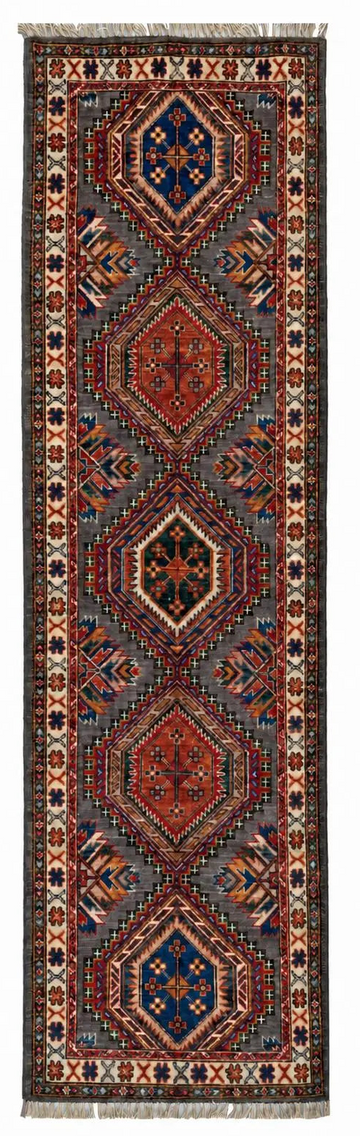 3x8 Gray Medallion Vintage Kazak Hand-Knotted Premium Wool Runner