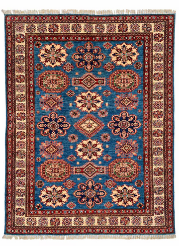 5x7 Blue Geometric Medallion Vintage Kazak Hand-Knotted Premium Wool Rug