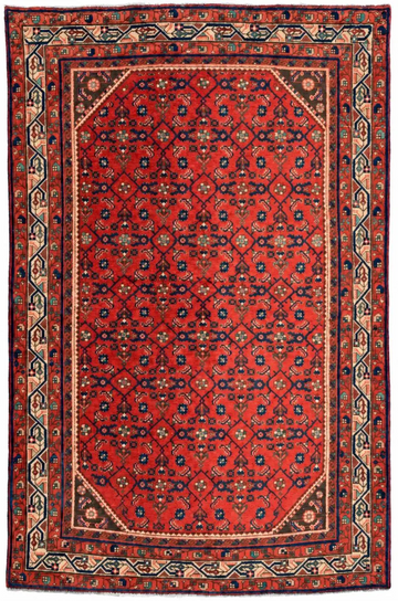 4x7 Red Floral Lattice Vintage Turkish Hand-Knotted Wool Rug